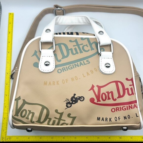 Von Dutch Mini Bowling Bag Beige Logo Graffiti Y2K Purse – Adjustable Strap - Picture 7 of 7